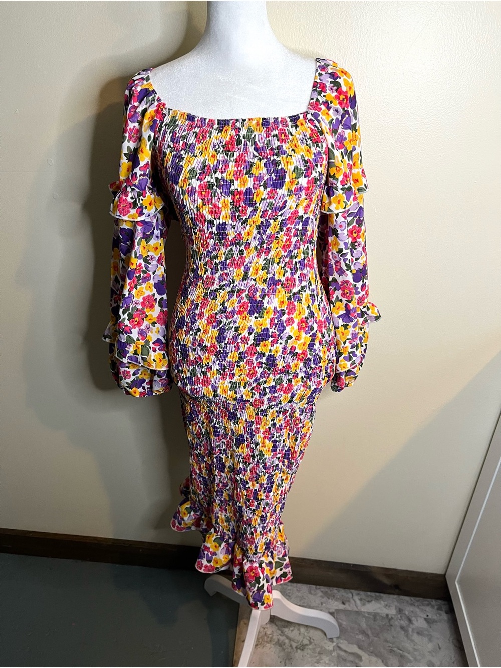 Prettygarden Smocked Floral Midi Dress in Purple, Pink & Yellow NWT